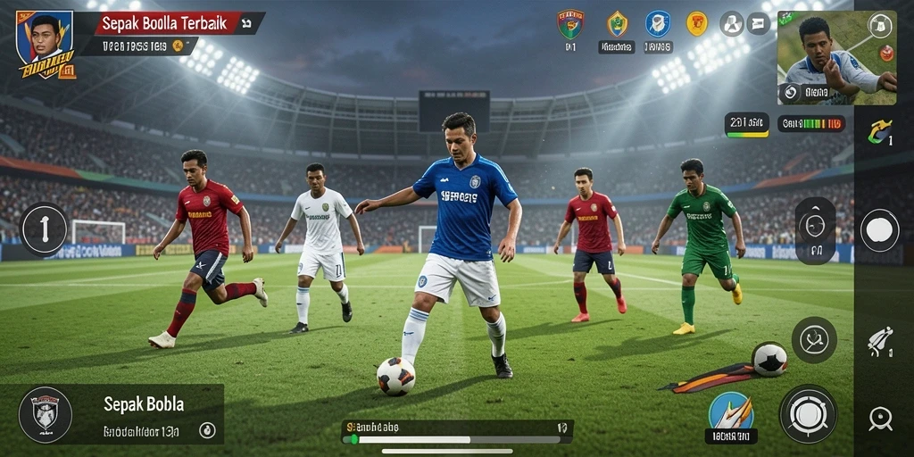 Screenshot V21 menampilkan aksi seru pertandingan sepak bola.